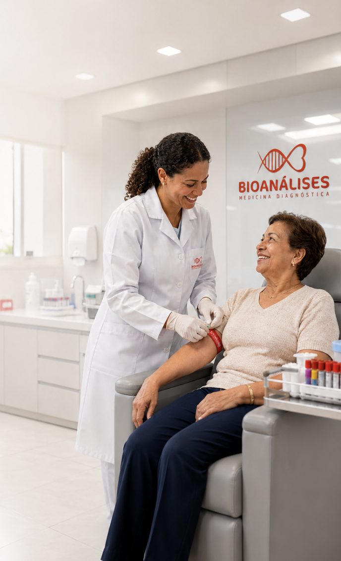 Profissional Bioanálises acolhendo paciente